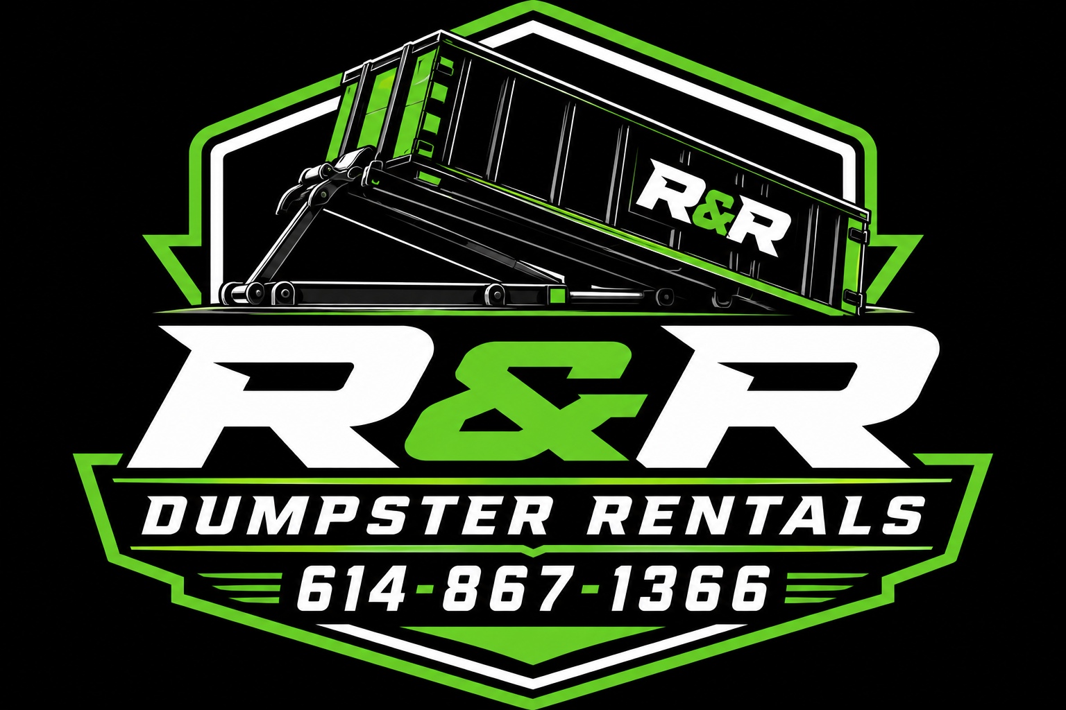Original R&R Dumpster Rentals logo, lime green, black, and white
